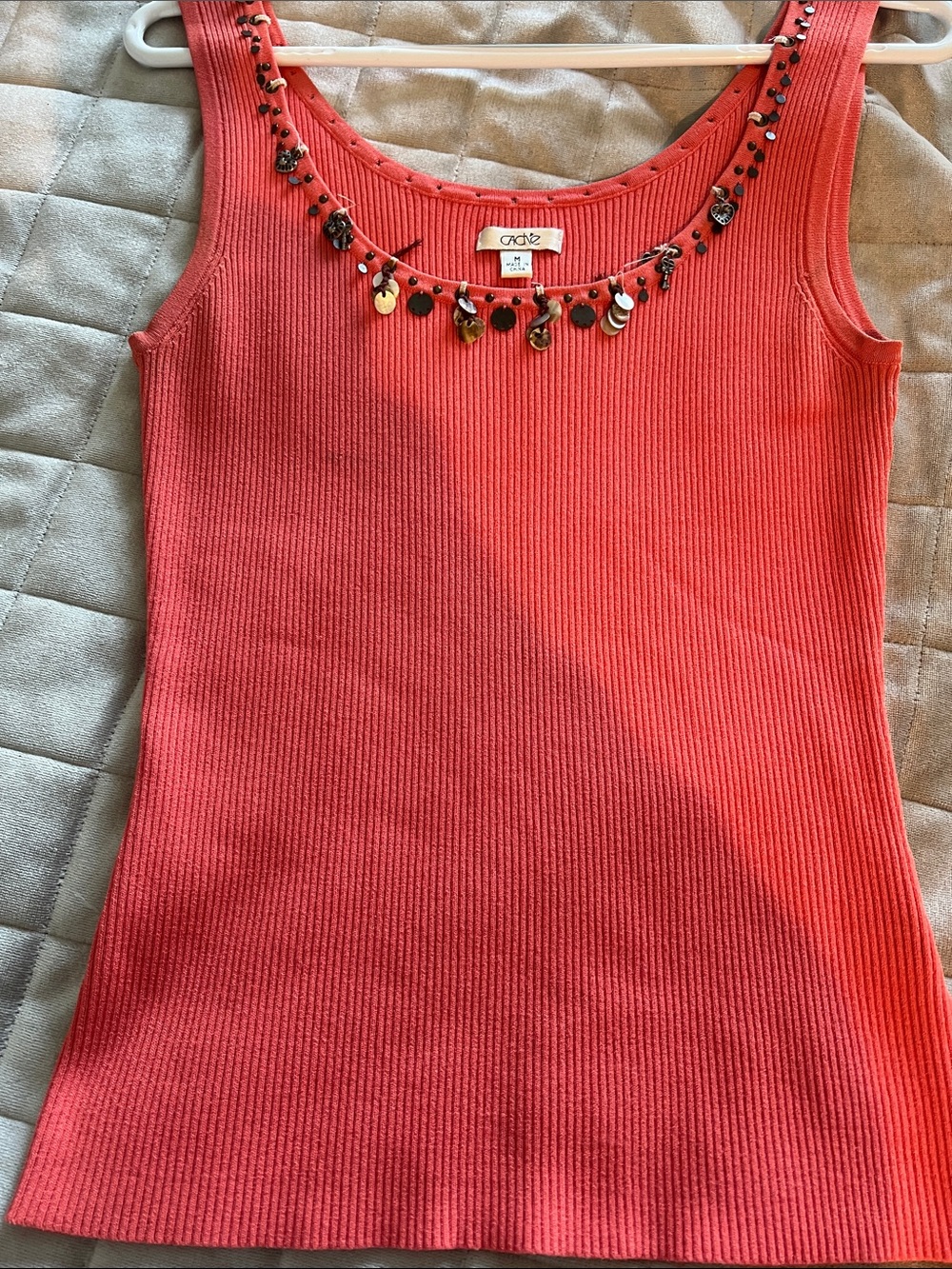 Cache Coral Beaded Ribbed Tank Top